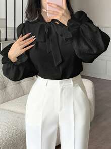 abyoxi Women's Black V-Neck Bowknot Collar Long Sleeve Casual Office Shirt Blouse, Autumn/Winter - Black - View 1