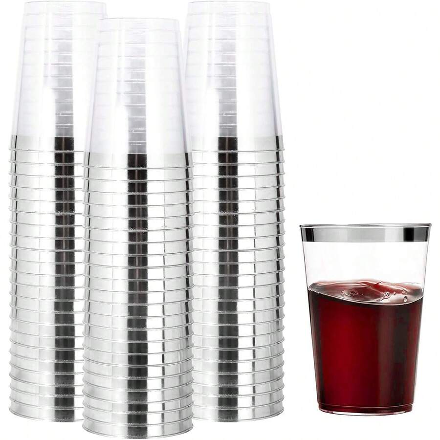 100 piezas Vasos transparentes de 200ml con borde plateado, vasos de cerveza plateados, vasos para fiestas, vasos premium con borde plateado, ideales para bodas y fiestas - Plateado - Ver 1