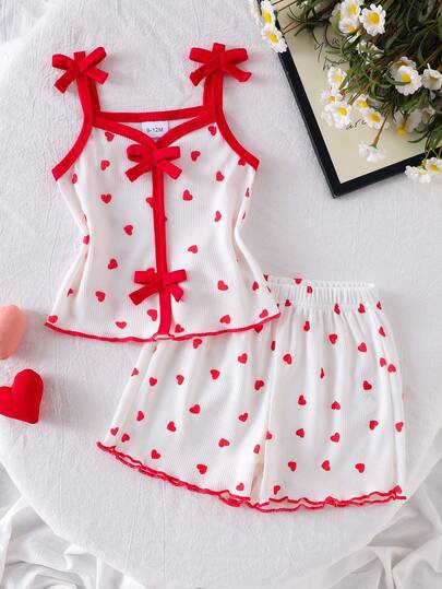2pcs Baby Girls Cute Heart Print Bow Decor Camisole & Elastic Waist Shorts Set, Summer