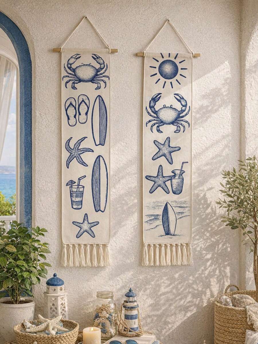 1/2 tấm thảm trang trí bãi biển, phong cách Boho chủ đề đại dương, hình cua xanh trắng, sao biển và ván lướt sóng, thích hợp cho phòng ngủ và phòng khách, tranh nghệ thuật theo chủ đề, tuyệt vời cho những người yêu thích trang trí theo phong cách ven biển và mùa hè.