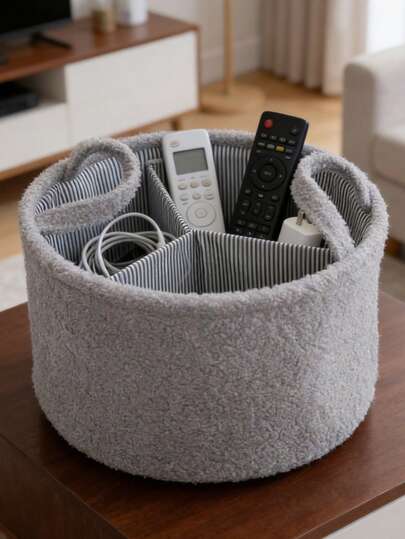 1pc Teddy Plush Divided Storage Basket, Round Storage Basket, Solid Color Minimalist Large Capacity Storage Basket With Handle, Convenient Storage Basket