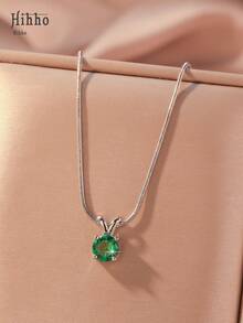 Hihho 1件简约时尚单颗锆石绿色水滴吊坠项链，女士镂空花卉设计蛇形链精致颈链，适合日常佩戴、节日和派对作为礼物 - 綠色 - 查看 9