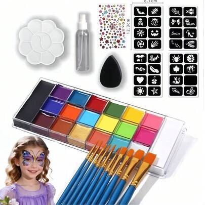 طقم دهان الوجه 20 لون، مجموعة ألوان زيتية للجسم مع أدوات كاملة، ألوان زاهية مناسبة لحفلات الهالوين والكريسماس والكرنفال والأداء والأحداث الرياضية والكوسبلاي