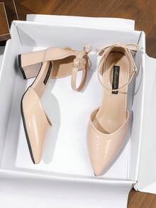 Women's Pointed Toe Suede Hollow Out Bowknot Chunky Heel Pumps, Versatile For Daily, Work, Business, Commute, Black, Plus Size - Patent Leather Apricot - View 7