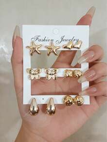 Set de 12 piezas de aretes de mariposa y gota con acabado dorado para mujeres - Regalo de joyería de moda - Dorado - Ver 3