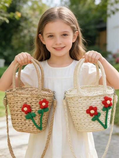 1pc Girls Floral Woven Drawstring Closure Fashionable Handbag Shoulder Bag Beach Bag, Suitable For Summer Daily Use