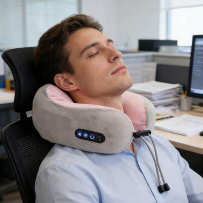 1pc U-Shaped Soft Neck Massage Pillow - USB Rechargeable Deep Kneading Massager - Portable Battery Powered Neck Support Suitable For Travel/Office/Car/Home - Christmas Gift For Travelers - Fashionable Neck Pillow With Adjustable Shoulder Strap