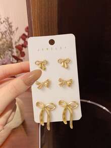 6pcs/Set Cute Bow Earrings Set For Women, Elegant And Refined, Suitable For Daily Work, Romantic Dates, Memorable Occasions, And Glamorous Weddings/Parties - Gold - View 1