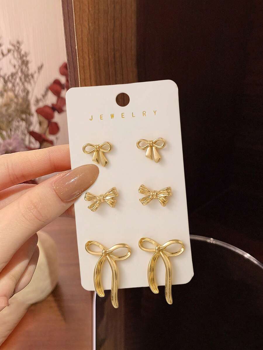 6pcs/Set Cute Bow Earrings Set For Women, Elegant And Refined, Suitable For Daily Work, Romantic Dates, Memorable Occasions, And Glamorous Weddings/Parties - Gold - View 1