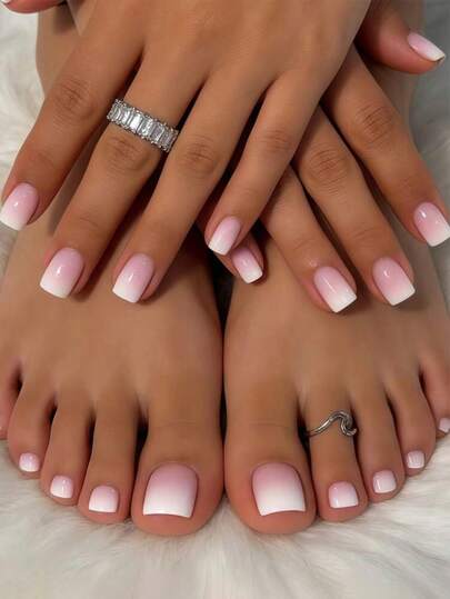 Y2K粉白渐变极简风24片短方形指甲贴片和24片短方形脚趾甲贴片，人造指甲贴纸，适合任何场合