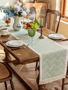 1pc Water-Repellent Fabric Table Runner With Tassel, 1pc. Suitable For Home Tabletop Decoration, Wedding Arrangement, Restaurant Living Room And Other Scenes, Table Runner, Table Runners, Table Cloth Rectangle, Home Decor Kitchen Home Decor Kitchen Decor Room Decor Kitchen Accessories Dining Table Decor Table Decor Table Decoration Coffee Table Wedding Decor - Green - View 3