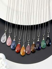 优雅多面切割水晶水滴吊坠项链，天然宝石颈链，搭配不锈钢链 - 彩色 - 查看 4