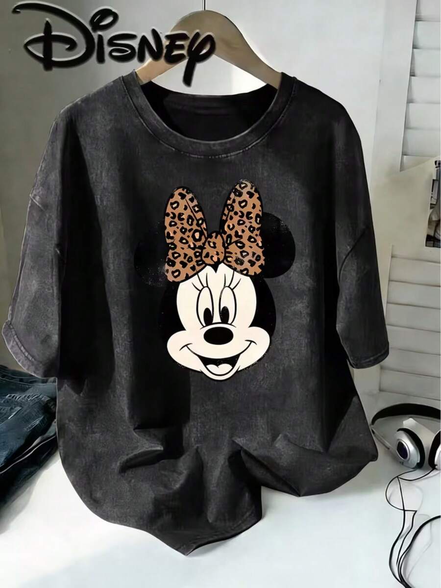Disney Minnie Mouse Retro Old Wind Leopard Bow Head Creative Printing Design Oversized Fashion Old T-Shirt 2026 Spring And Summer Round Neck T-Shirt Style Retro Fashion Lovers Popular Style Old Round Neck T-Shirt. - màu đen - Xem 1