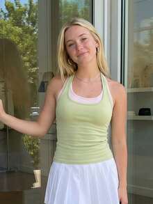 Women Tank Tops Halter Neck Sleeveless Contrast Color Fake Two-Piece Summer Slim Fit Vest - 淺綠 - 查看 3