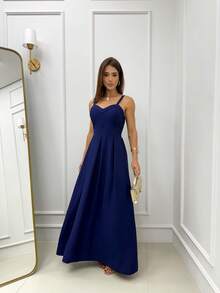 Long Dress With Adjustable Straps, Elastic Waist, Fits Sizes 36 To 44. Women's Elastic Dress With Adjustable Back, Sizes 36 To 44. Comfortable Elastic Waist Dress With Adjustable Straps. - 藏蓝色 - 查看 2