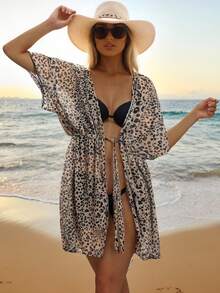Beige Leopard Print Deep V-Neck Tie-Waist Short Sleeve Sheer Beach Cover Up Vacation - Multicolor - View 4