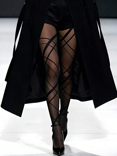 Plus Size Women's Elegant Asymmetrical Diamond Pattern Pantyhose, Black, High Elasticity, Suitable For All Seasons. This Plus Size Sheer Pantyhose Is Versatile And Can Be Paired With Various Outfits To Showcase Youthful Vitality, Sexiness And Fashionability.