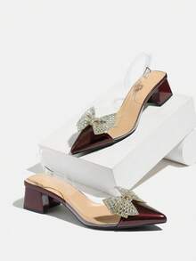 Damskor med strass och rosettdekor, spetsig tå, slingback, genomskinliga pumps med tjock klack, eleganta och bekväma, lämpliga för fest, bröllop, bankett, hemmasammankomster på vår, sommar, höst och vinter, rödbruna höga klackar i PVC med genomskinliga klackar - Bourgogne - Visa 5