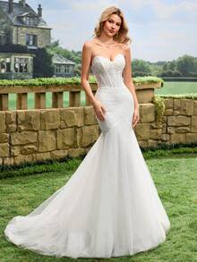 鱼尾婚纱、新娘主头纱、无肩带刺绣网纱拖尾婚纱、白色婚纱、教堂婚礼礼服、私人婚礼礼服 - 白色 - 查看 5