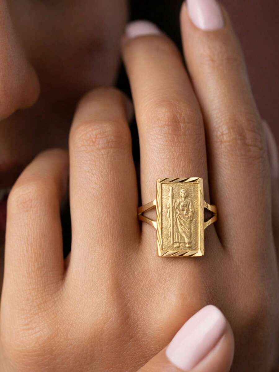 1 pieza Anillo cuadrado delicado con grabado de la Virgen María, regalo de joyería de uso diario para mujeres - anillo - Ver 1