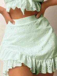 Cute    Ruffle Hem    3 Piece Swimsuit And Cover Up Set  Beach - 薄荷綠 - 查看 2