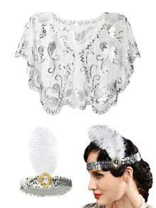 Forever & Moment 1920年代女士盖茨比风格服装配饰套装（2件套），包括亮片头饰、流苏披肩，适合20年代复古派对、盛大晚宴、舞蹈表演、化装舞会、咆哮的二十年代主题装扮等场合。 - 彩色 - 查看 5