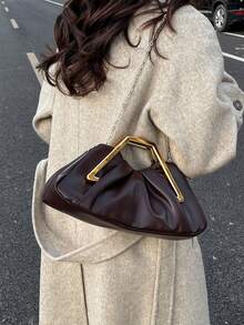 女士褶皱手提包，优雅女士奢华金属链条装饰包，适合购物、约会、派对，酒红色 - 咖啡 - 查看 6