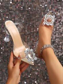 Sandalias de tacón alto de verano para mujer, con punta cuadrada metálica, decoradas con brillantes y banda transparente de PVC en el clip del dedo del pie - Dorado - Ver 2