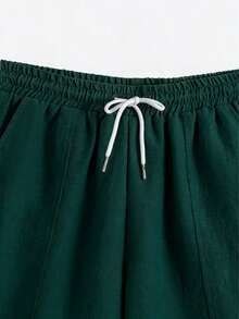 男士复古宽松休闲衬衫套装（2件套），翻领，撞色设计，植物印花图案，男士沙滩装 - 墨綠色 - 查看 6