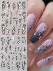 2片春季花叶美甲贴纸，5D立体浮雕浪漫樱花和梅花藤蔓美甲贴花，适合婚礼美甲装饰，女士及女孩美甲用品 - 彩色 - 查看 2
