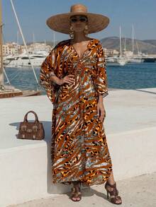 Vestido de playa de lujo para mujer con estampado romántico, cuello en V profundo, manga de murciélago, corte holgado, elegante para fiestas, vestido de cubierta de traje de baño, primavera/verano 2026 - Multicolor - Ver 7