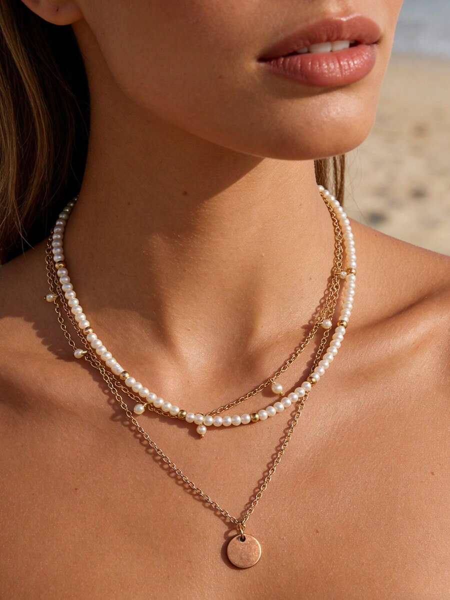 1 buah Kalung Mutiara Imitasi Berlapis Gaya Bohemian, Kalung Choker Liontin Cakram Manik-manik CCB untuk Wanita - Emas - View 1