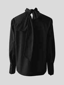 Women's Elegant Pearl Decor Lantern Sleeve Blouse, Fashionable Loose Tie Waist Design For Party, Office Wear - Black - View 4