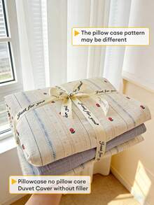 Juego de ropa de cama a rayas de tulipán de color crema refrescante, 4 piezas, acogedor y curativo, transpirable y amigable con la piel, primavera/verano, todo el año, textura de gasa de doble capa desmontable y lavable a máquina (1 funda nórdica + 1 sábana + 2 fundas de almohada, sin edredón ni almohadas), patrón de funda de almohada aleatorio, individual/doble, adecuado para solteros, parejas, ambiente de hogar de alquiler - Celeste - Ver 11