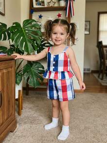 4th Of July Toddler Girl Outfit Strip Star Printed Sleeveless Tops Elastic Waist Shorts Girls Summer Clothes - 紅色 - 查看 4