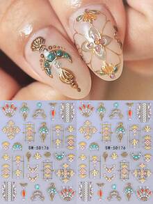 5D Metall Boho-Stil geprägte Nagel Sticker, 2 Stücke/Set, Regenbogen, Goldene Sonne, Edelstein, Spitze, Emaille Halskette, Mond Design, DIY holografische Gravur selbstklebende Gel Nagellack Sticker, Nagelsalon Dekorationen - Verschiedenfarbig - Übersicht 11