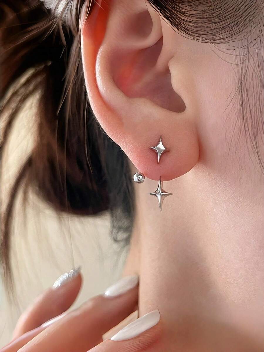 Star-Shaped Teardrop Stud Earrings, Unique Fashion Layered Earrings, Elegant High-End Earrings For Women, Christmas/Valentine's Day/Party/Gift - Silver - View 1