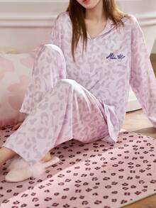 Gongdie 2pcs Disney Marie Cat Spring Long Sleeve Sleepwear Set, 100% Cotton Cartoon Purple Leopard Print Loungewear - Mauve Purple - View 3