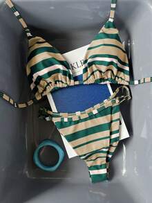 Women's Striped Bikini Set. Spaghetti Strap Design Highlights Neck And Shoulder Lines, Featuring Retro Striped Print. - Dark Green - View 3