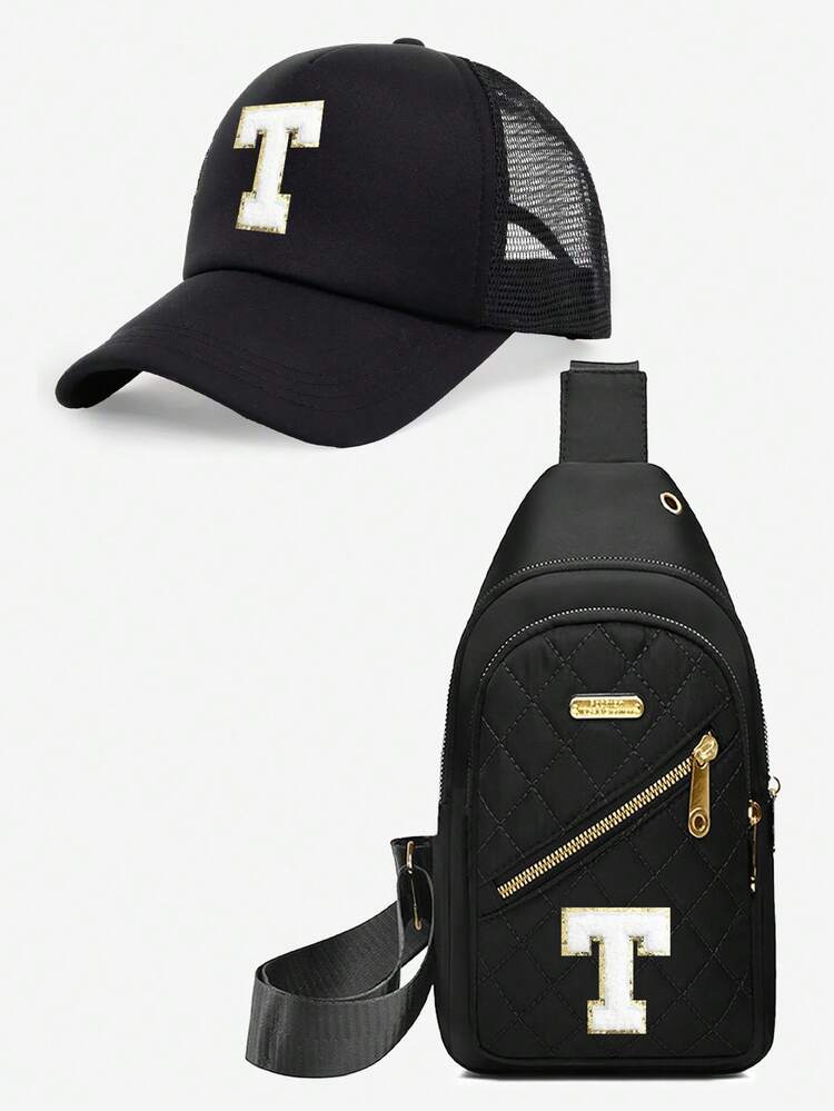 2pcs Adult Gift Set, Personalized 26 Letter Decor Sun Visor Cap + Letter Crossbody Bag, Suitable For Daily Commute, Hiking, Camping, Outdoor Street Wear, Applicable For Spring And Summer Casual Outfits,Beach,Holiday,Festival,Travel - Black - View 20