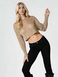 Women's Knit Sheer Tops Fashionable Round Neck Solid Color Long Sleeve Crop Blouse - Champán - Ver 6