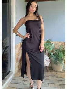 Aruana Ribbed Midi Dress In Various Colors, Strapless With Side Slit – Body-Hugging Fit - Black - View 1