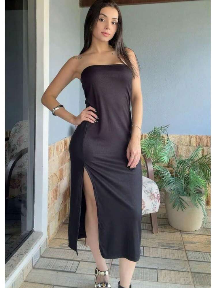 Aruana Ribbed Midi Dress In Various Colors, Strapless With Side Slit – Body-Hugging Fit - Black - View 1