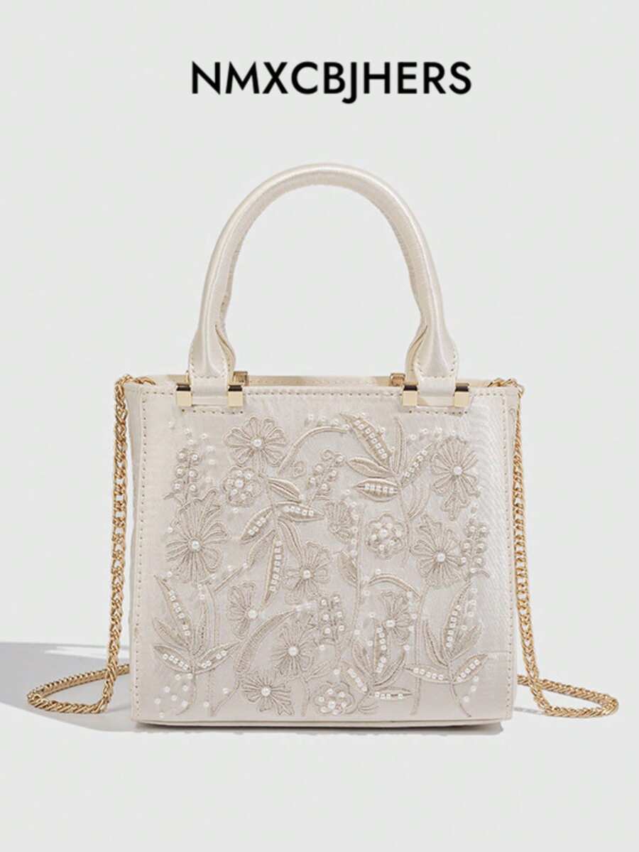 Pearl Embroidered Satin Handbag, Cheongsam Party Clutch, Chain Shoulder Bag For Women - Beige - View 1