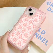 1个时尚透明波浪不规则保护手机壳，粉色爱心格子图案，是女性日常使用的理想之选，兼容 17 Air/17 Pro/17 Pro Max/17/16 e/16/15/14/13/12/11/X/Xr/8/7/Galaxy A14/A15/A54/S24/S24 Ultra系列 - 粉色 - 查看 4