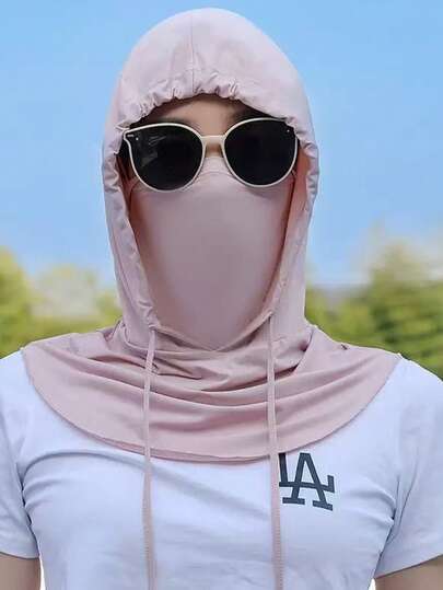 1pc Unisex Solid Color Ice Silk Drawstring Face Mask, Sun Protection Hat, Full Face Cover, Suitable For Summer Commuting And Daily Use