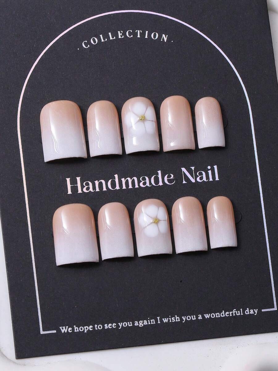 10片/套 欧洲手工短款方头美甲贴片，Y2K珊瑚橙色调，手绘渐变花朵图案美甲装饰。包含1片果冻胶和1把指甲锉。完美适用于日常生活以及科切拉音乐节派对装扮，是美甲贴片和美甲护理的理想之选。 - 珊瑚橙 - 查看 1