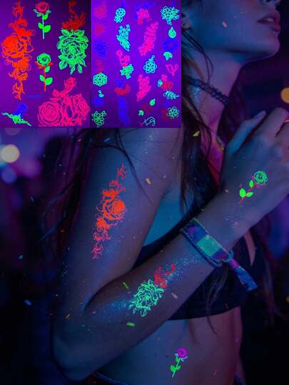 2 hojas de tatuajes temporales fluorescentes con diseños de flores y enredaderas vibrantes, resistentes al agua y de larga duración, fáciles de aplicar, ideales para festivales de música, fiestas y uso diario, para crear looks llamativos