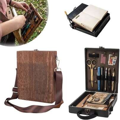 1pc Handmade Wooden Messenger Bag, Multifunctional Artist Tool Brush Storage Box, Author Collection Storage Box, Sketch Shoulder Bag Tool Bag