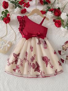 Girls' Spaghetti Strap Ruffle Hem Dress, Patchwork Butterfly Embroidery Mesh Shoulder Strap Stylish Dress, Suitable For Party, Birthday, Outdoor, Vacation - Burgundy - View 1